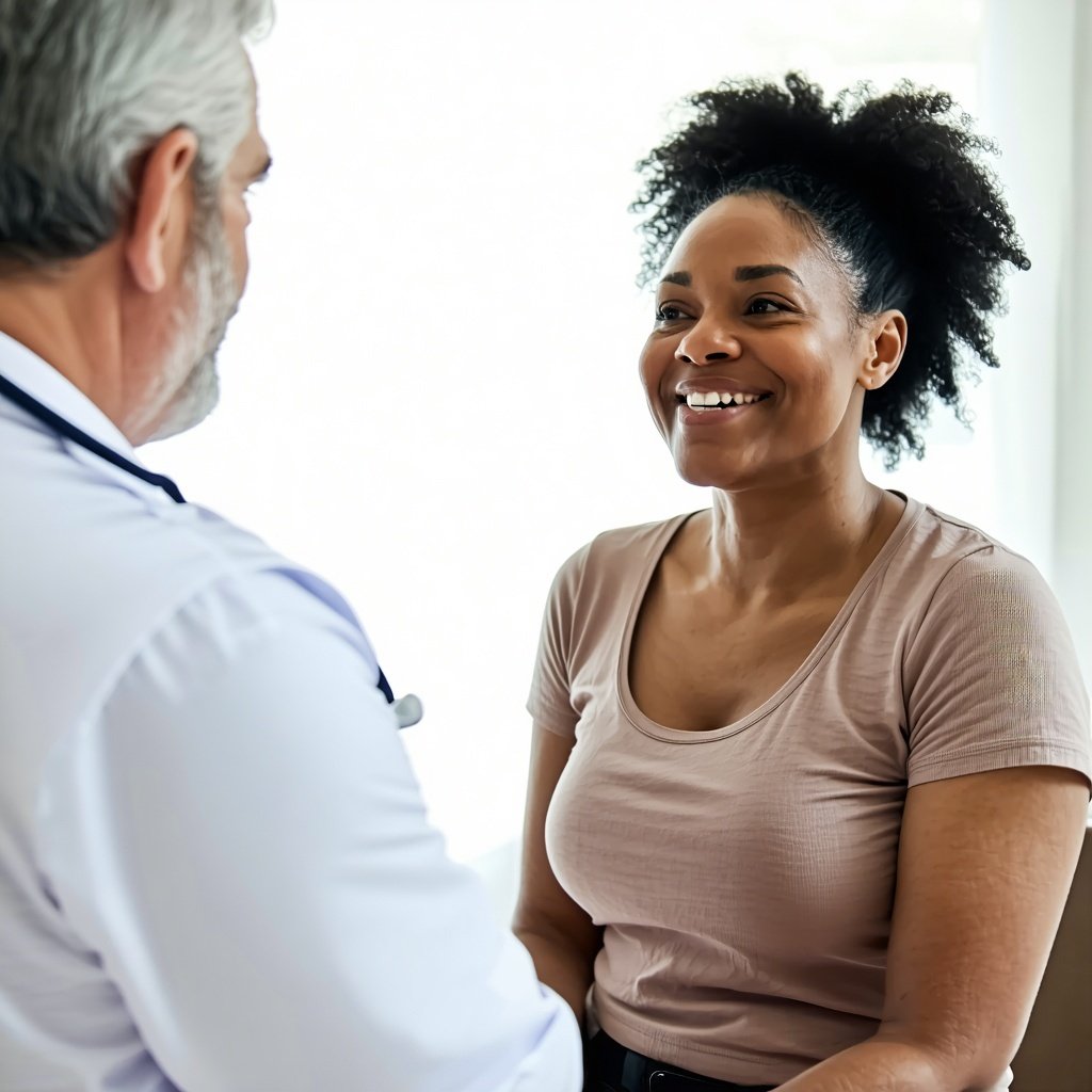 Woman happy as she is recieving compassionate care from a doctor supervised weight loss programme Woman happy as she is recieving compassionate care from a doctor supervised weight loss programme